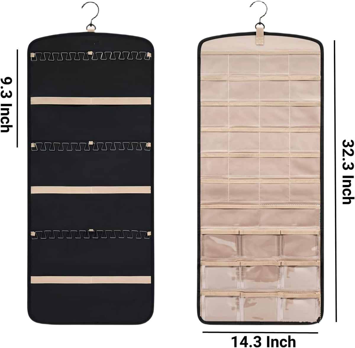 Hanging Jewelry Organizer Doubled-sided with Pockets & Hooks for Rings, Earrings, Necklaces, Hair Accessories Storage Roll, Closet Earring Holder Organizer for Wall, Door, Travel, 1 PCS, Black