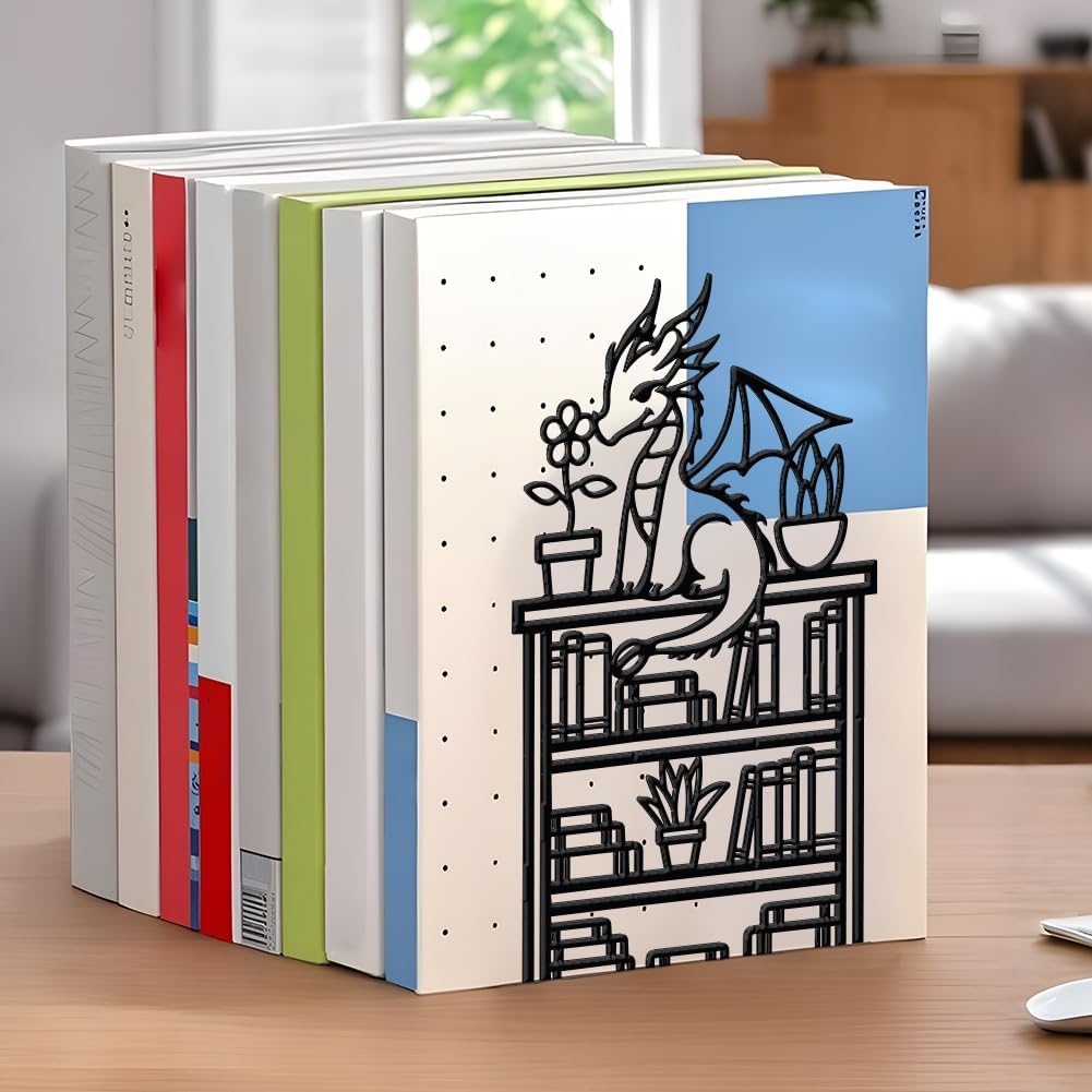 WADORN Dragon Reading Book Metal Bookends for Shelves Decorative 1 Pair, Heavy Duty Books End Support Non-Skid Book Holder Black L-Shaped Book Stopper for Home Office Desk Book Divider, 4.7x3.5x7 Inch