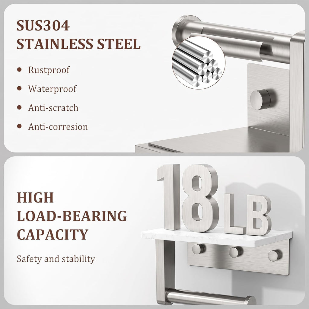 BWE Brushed Nickel Toilet Paper Holder with Marble Shelf Wall Mounted