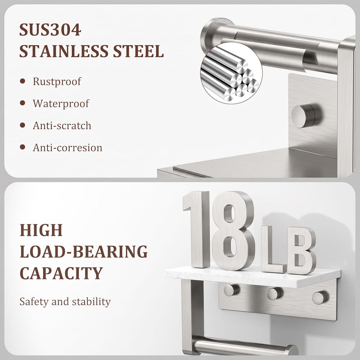 BWE Brushed Nickel Toilet Paper Holder with Marble Shelf Wall Mounted