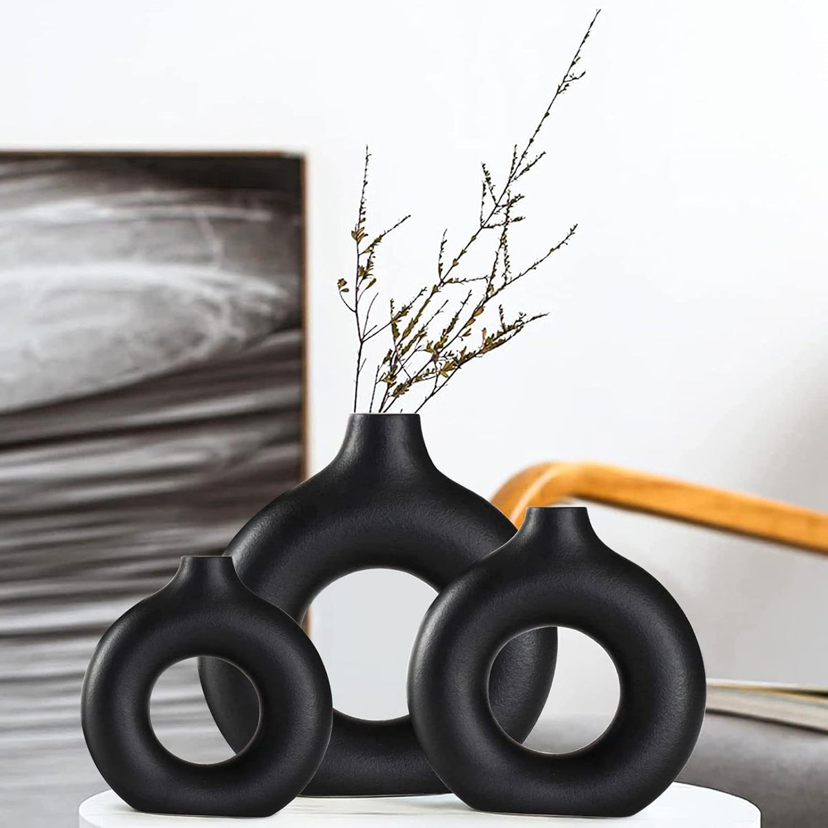 Black Ceramic Vases -for Modern Home Decor,Black Round Vase Set 3 Matte Design Minimalist Nordic Boho Style for Wedding Dinner Table Living Room Office Bedroom, Decorative Gift