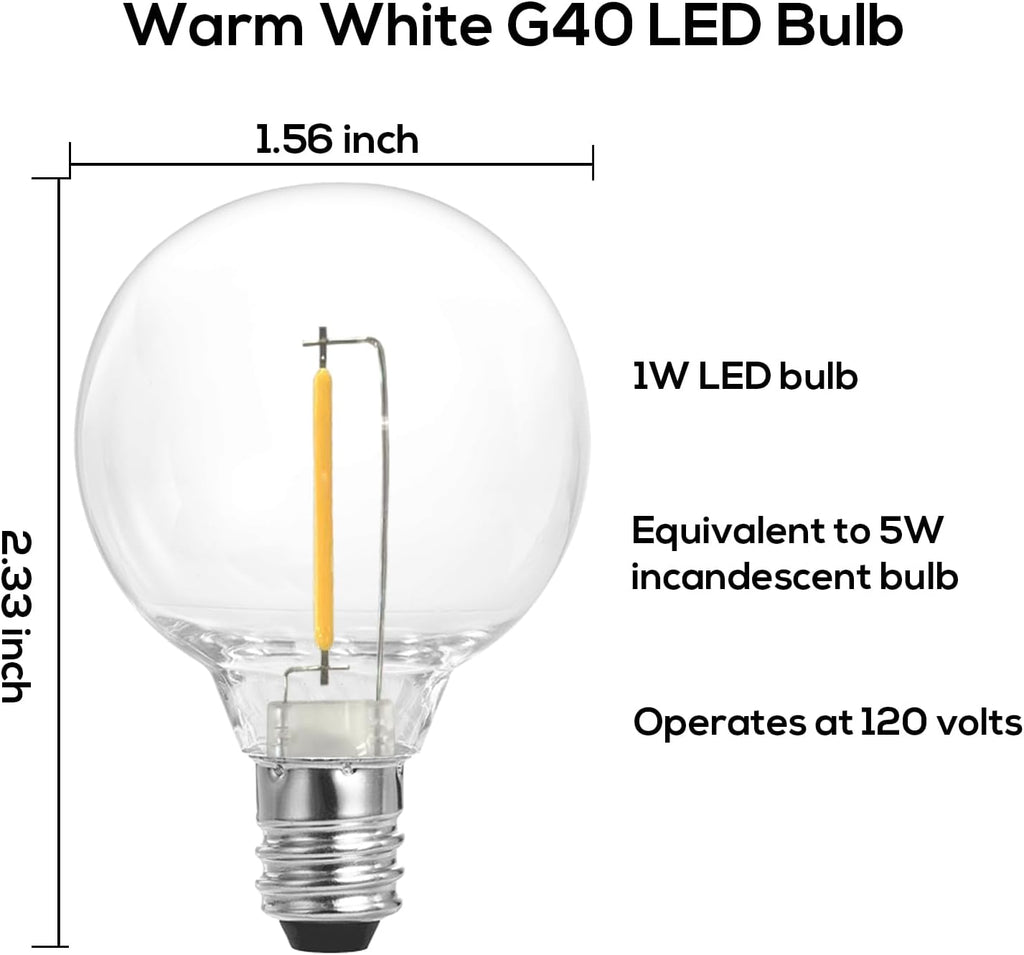 SUNTHIN 50 Pack G40 LED Bulbs, 1W LED Bulbs with E12 Base, 5 Watt Incandescent Bulbs Equivalent, Warm White 2700K, Replacement Bulbs for Globe String Lights, Indoor & Outdoor Use