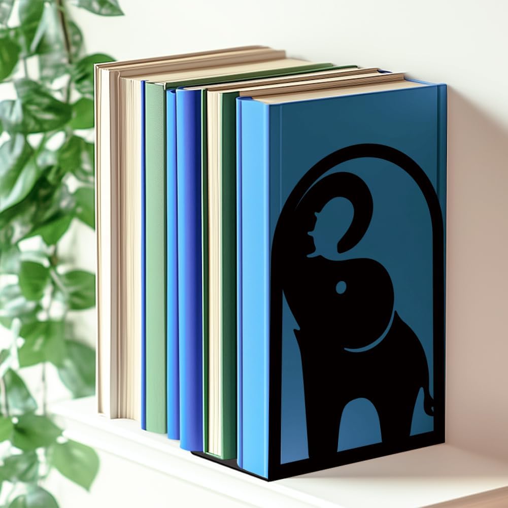 INFUNLY 1 Pair Metal Book Ends for Shelves Elephant Trunk Black Bookshelf Holder Stand Black Book Stopper Support for Desktop 7.1x4.7x3.5 for Home Office Library School Kitchen Decor
