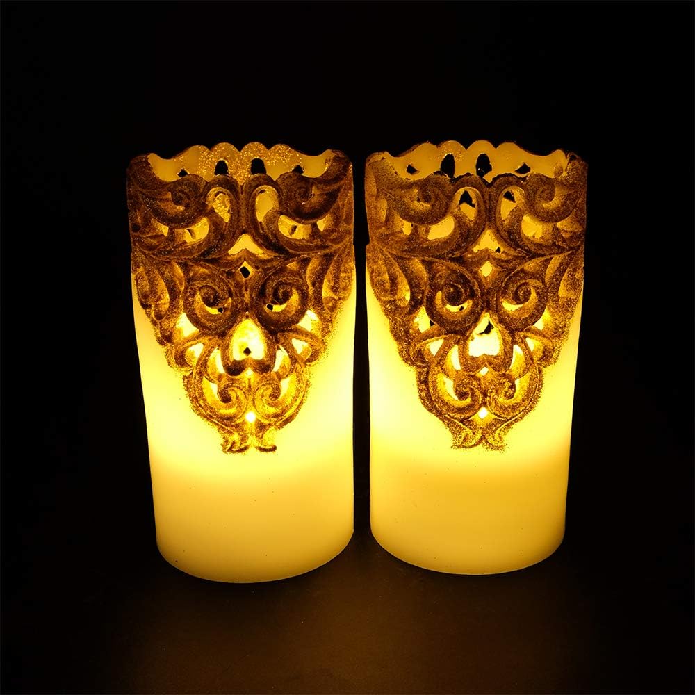 Gold Flameless LED Pillar Candles Battery Operated with 5H Timer