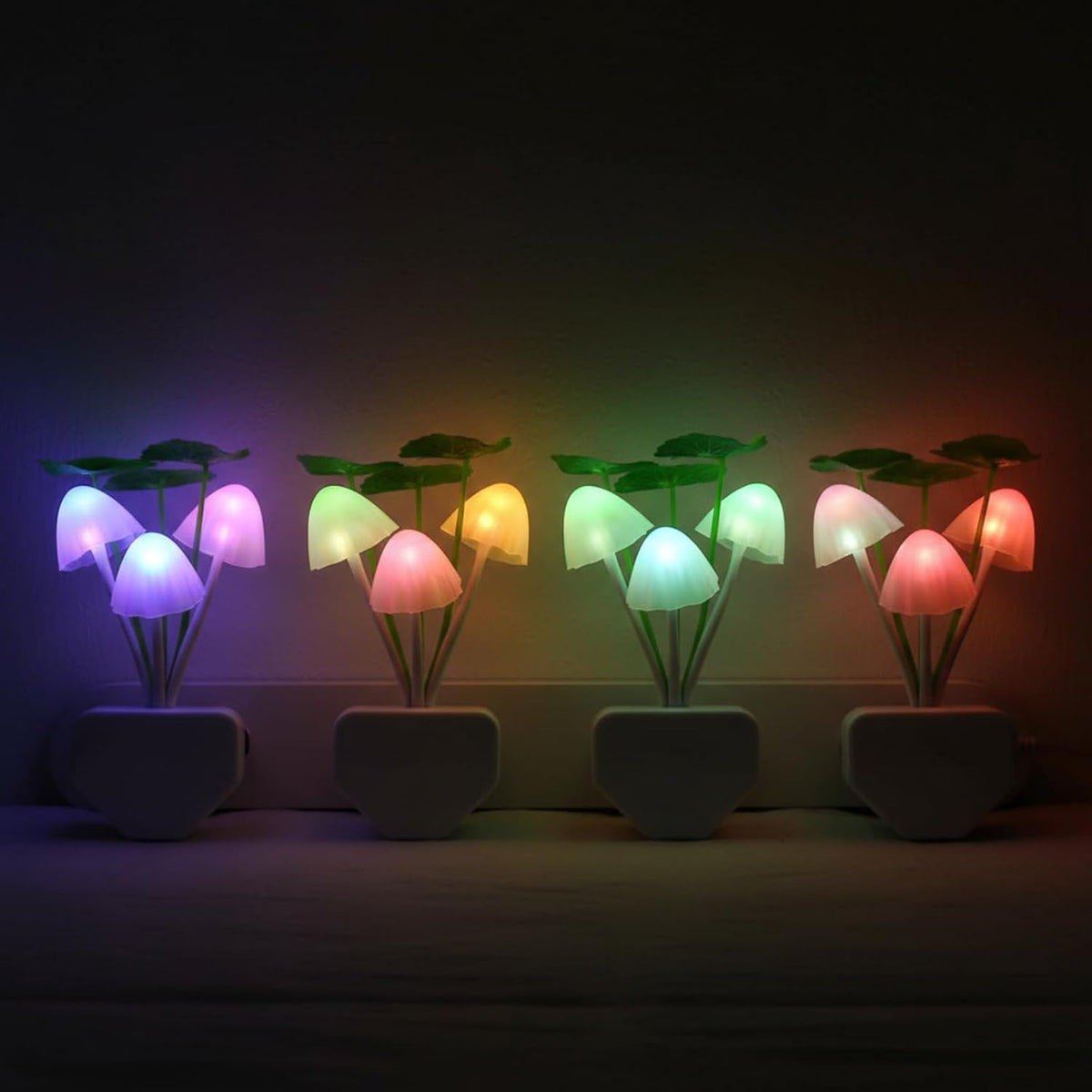 Mudder 4 Pcs Sensor Mushroom Night Lights LED Night Lights 7 Color Changing Plug-in Light Sensor Wall Lamp for Adults Bedroom, Bathroom, Christmas Party Gift(Lotus Leaf Style)