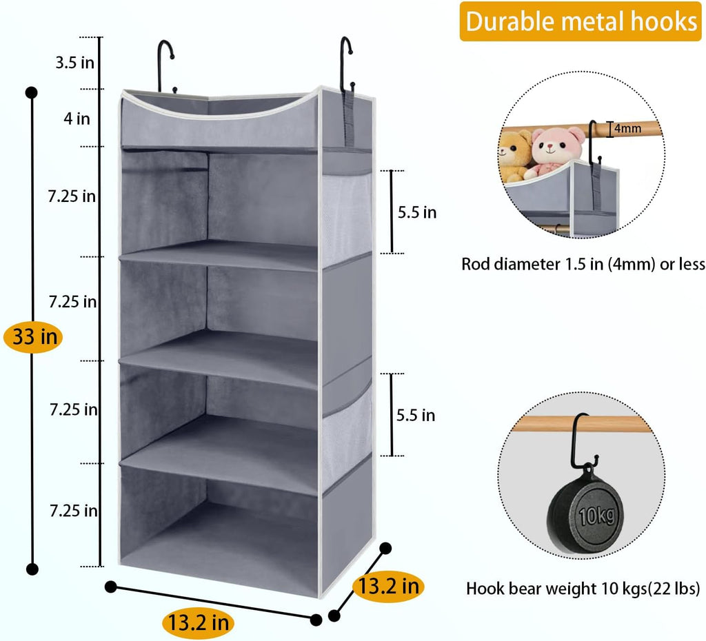 4-Shelf Hanging Closet Organizer and Storage with Side Pockets, Collapsible Closet Hanging Shelves for Storage, Grey