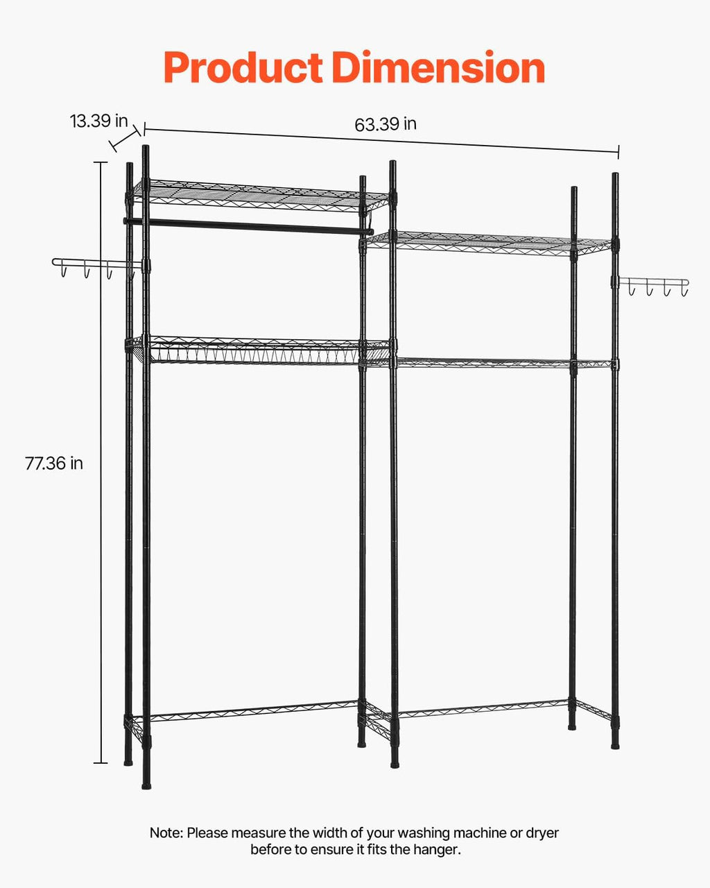 VEVOR Over the Washer and Dryer Storage Shelf, 4 Tier Laundry Room Drying Rack with Hanger Rod and Hooks, Adjustable Over Washer and Dryer Shelves, Laundry Room Shelf Storage Space Saver, Black