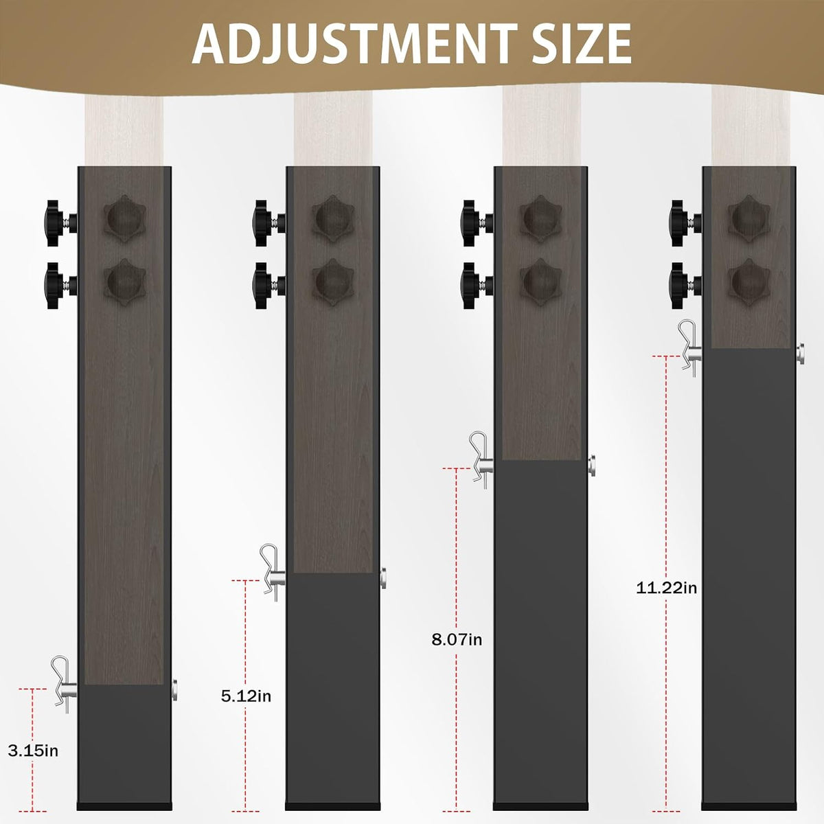 Up Grade 4 Pack Carbon Steel Dorm Bed Riser 2.4" Diameter Metal Bed Riser for Square Wooden Bed Frame, Table Adjustable to 3.2", 5.1", 8.1" or 11.2" Height (for Bed Leg 2.3-3.1")