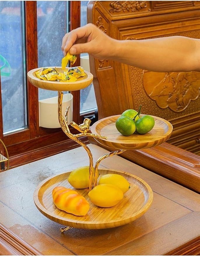 LANDTOM 3-Tier Fruit Basket Electroplating Metal Stand Decorative Fruit Bowl Rack Bamboo Wooden Storage Trays Table Countertop Holder for Vegetables Bread Snack for Kitchen Home Use, Gold (Type D)