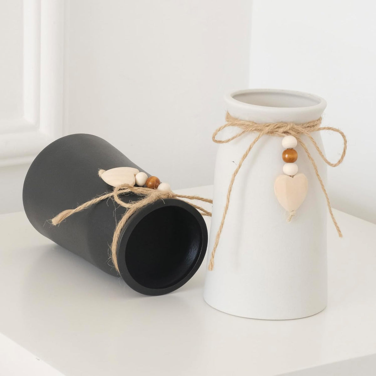 Charming 6-Inch Ceramic Vase | Jute Rope & Heart Charm Vase for Bohemian Farmhouse & Boho Décor, White Color