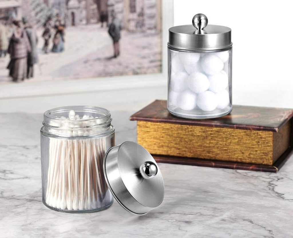 Amolliar Apothecary Jar Qtip Holder w/Metal Lid, Glass, Brushed Nickel