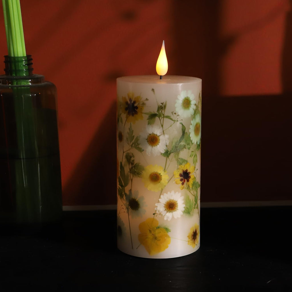 Spring Flameless Candles 3"x6" Real Wax LED Pillar Candles Real Daisy Floral Battery Operated with Remote Timer Flickering Candles Decor for Easter Mothers Day Home Table Mantel Indoor Decor