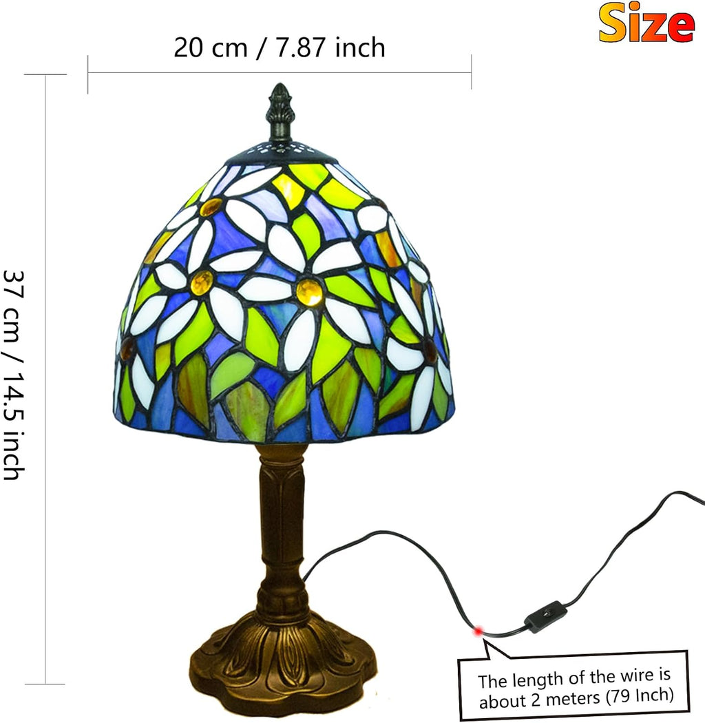Small Tiffany Style Stained Glass Table Lamp, 8 Inch, White Daisy Pattern
