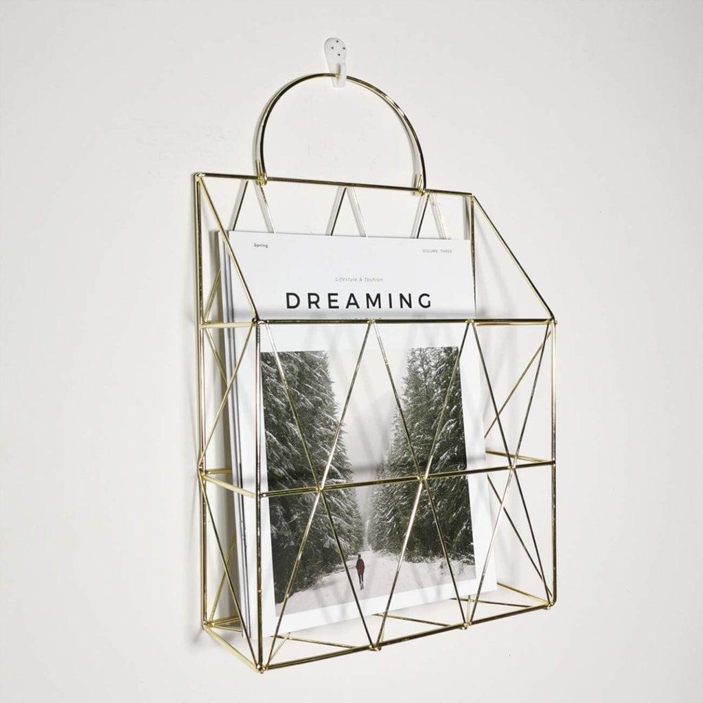 Magazine Rack with Handle, Letter Rack Newspaper Holder File Oragnizer Wall Mounted Decorative Storage Basket, Metal Organiser for Office Living Room Bedroom, Gold