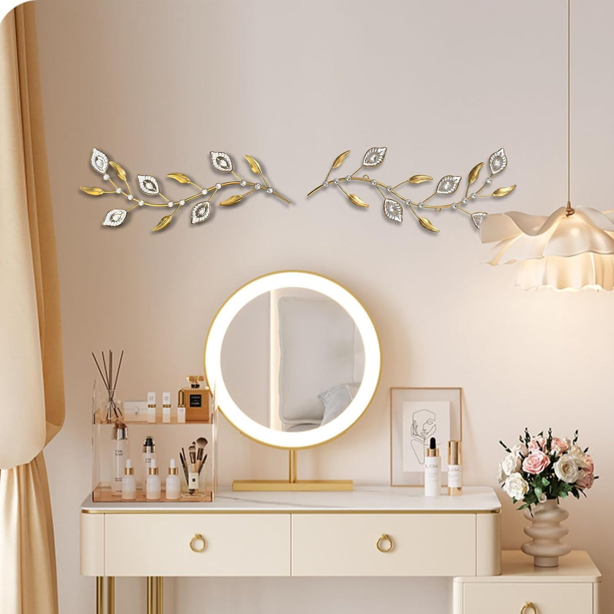 sxnzequnze 2 Set Metal Tree Leaf Wall Art for Home Decor Living Room Bedroom Dining Room Bling Rhinestone, 3D, Iron Branch Hanging Leaf Sculpture Art Pieces -Gold 16.5in*6.7in