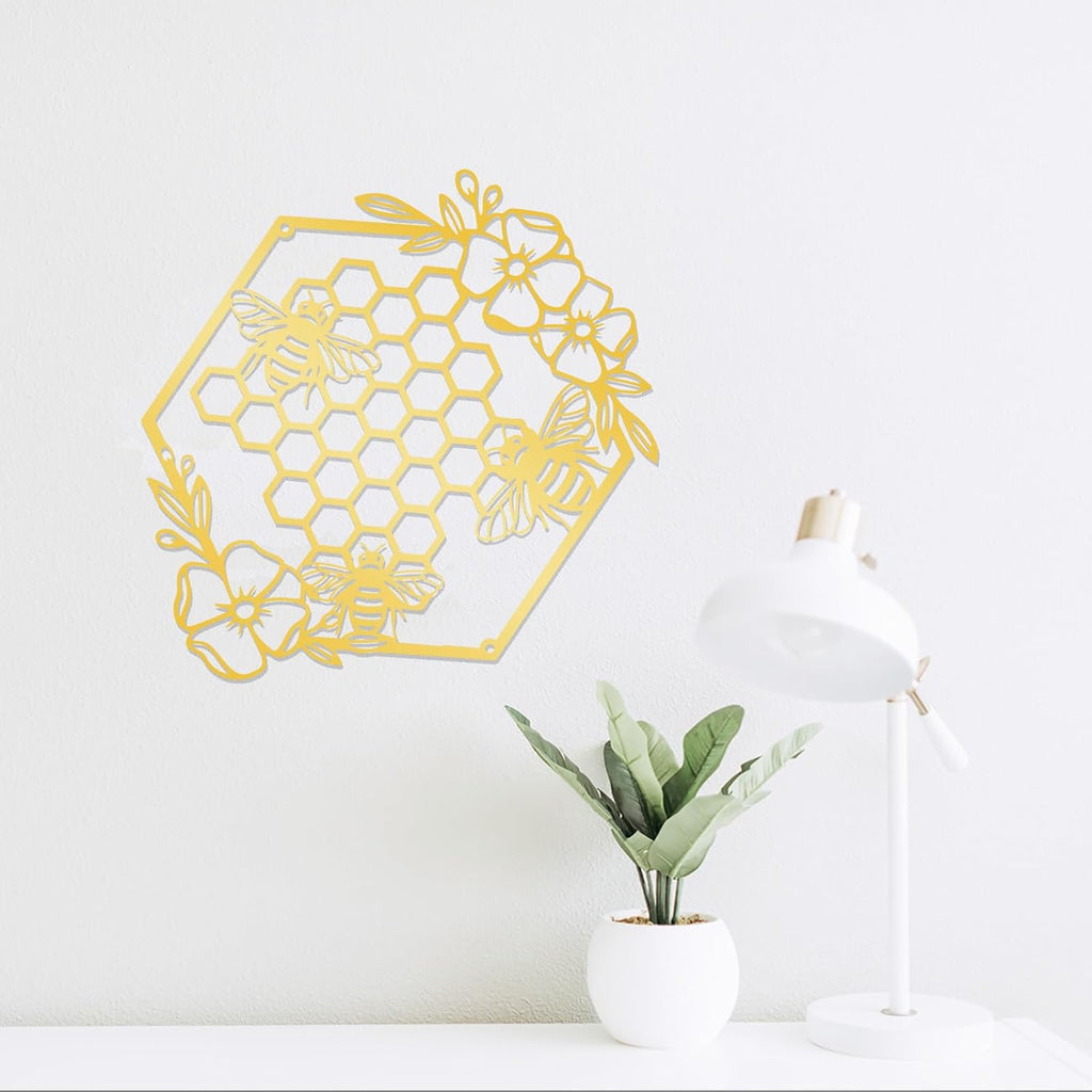 Yuzhuo Metal Bee Wall Art - Farmhouse Honey Bees and Hives with Flowers - Gold, Small