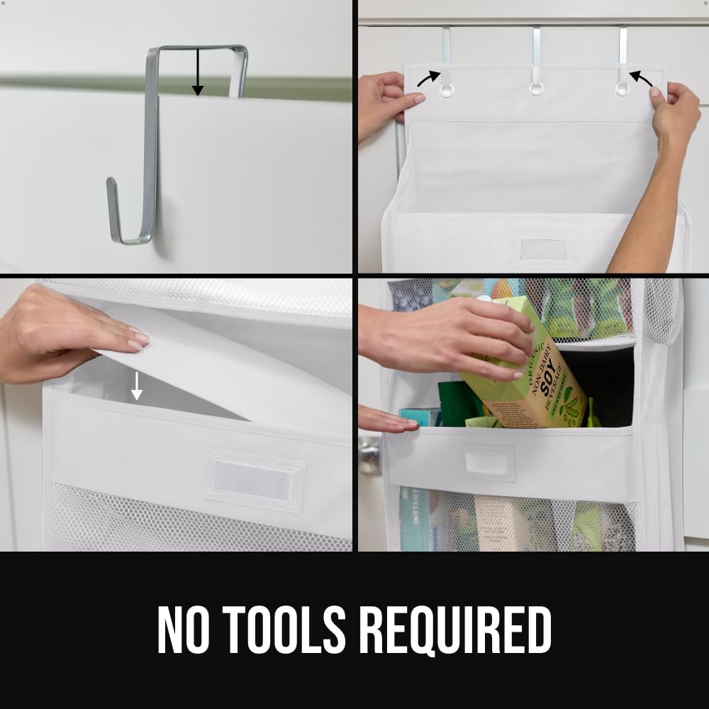 GORILLA GRIP Over The Door Organizer Storage, 5 Deep Hanging Shelves, Holds 50lbs, Closet Organizers Shelf for Bedroom, Shoes, Bathroom, Nursery, Dorm Essentials, 3 Metal Hooks, 58x15 Inches, White