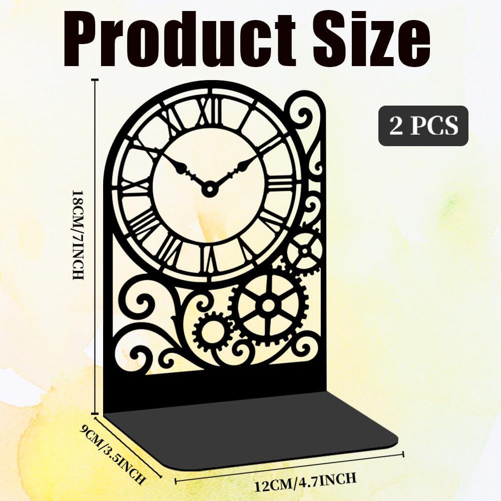 Clock Metal Bookends for Shelves, Timeless Clock Design Book Ends for Bookshelf Decorative Books, Book Ends for Heavy Books Used for Home Office Desk Organizer and Library Decor