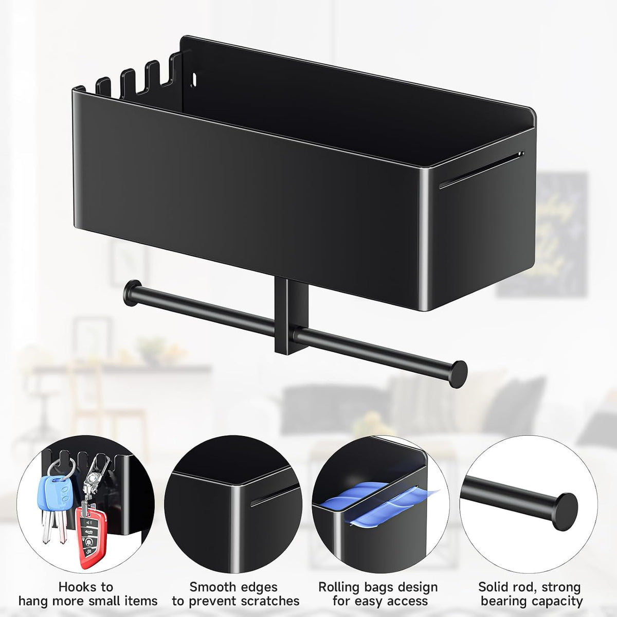 Dog Leash Holder for Wall, Dog Leash Hooks, Pet Stuff Organizer with Shelf Storage, Metal Key Holder, Leash Hangers Organizer Rack for Pet Collar, Toys, Treats, Poop Bag (Black)