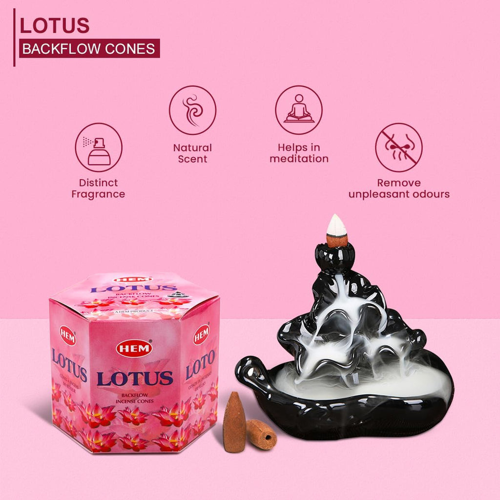 HEM Lotus Backflow Brown Incense Cones | Long Lasting Aroma for Positivity & Pure Air | Pure Herbs, Wood Powder | Aromatherapy For Stress Relief, Air Purifier & Cleansing | Gift Set - Pack of 40 cones