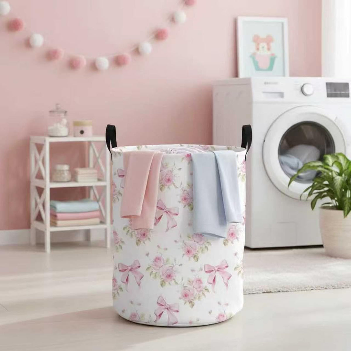 Baby Girl Laundry Basket Kids Nursery Gift Hamper Bow Room Deco (Pink Flower Bowknot)