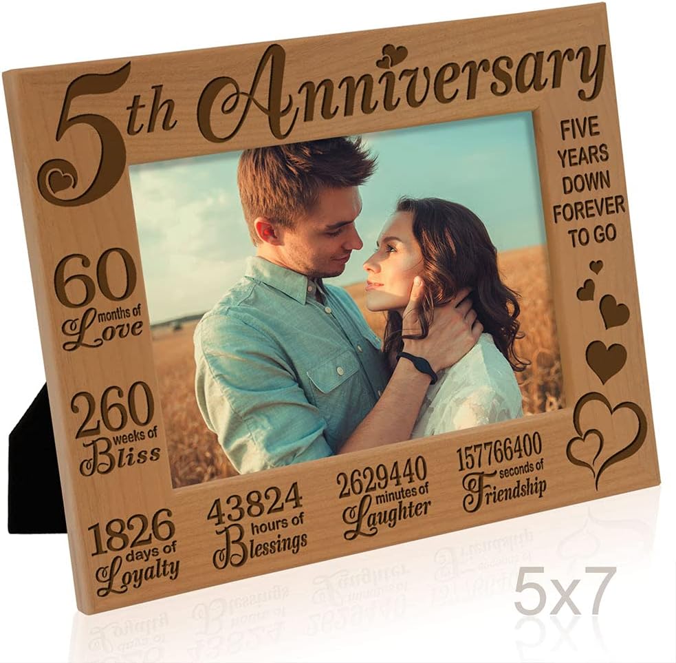 KATE POSH 5th Anniversary Engraved Natural Wood Picture Frame and Gifts, 5th Wood Wedding Anniversary (5x7-Horizontal)