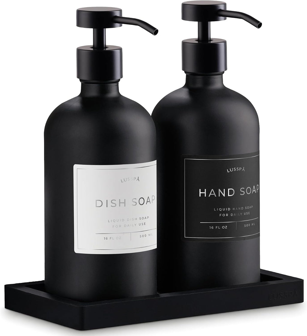 Glass Soap Dispenser Set of 2 (Black) with Silicone Tray | Hand and Dish Soap Dispenser for Kitchen and Bathroom | 16.8 Oz Glass Bottles with Stainless Steel Pump & 15 Waterproof Labels (Black)