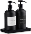 Glass Soap Dispenser Set of 2 (Black) with Silicone Tray | Hand and Dish Soap Dispenser for Kitchen and Bathroom | 16.8 Oz Glass Bottles with Stainless Steel Pump & 15 Waterproof Labels (Black)