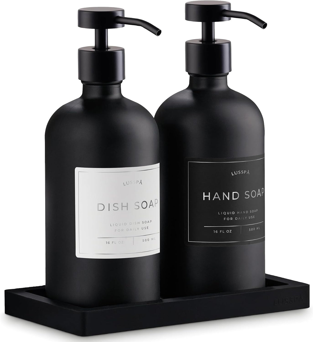 Glass Soap Dispenser Set of 2 (Black) with Silicone Tray | Hand and Dish Soap Dispenser for Kitchen and Bathroom | 16.8 Oz Glass Bottles with Stainless Steel Pump & 15 Waterproof Labels (Black)