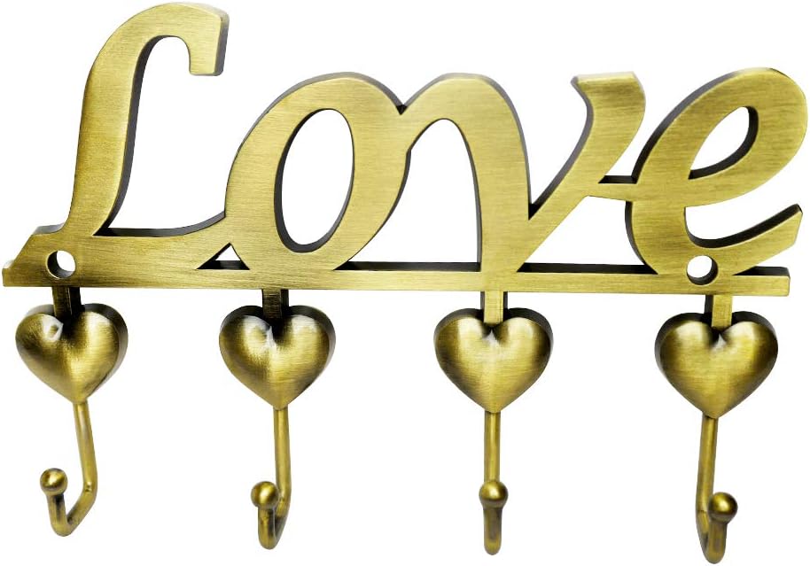 Myartte Key Holder- Key Hooks Decorative for Wall Decorative Zinc Alloy Key Organizer Rack with 4 Hooks -with Screws and Sticker (Antique Brass Love)