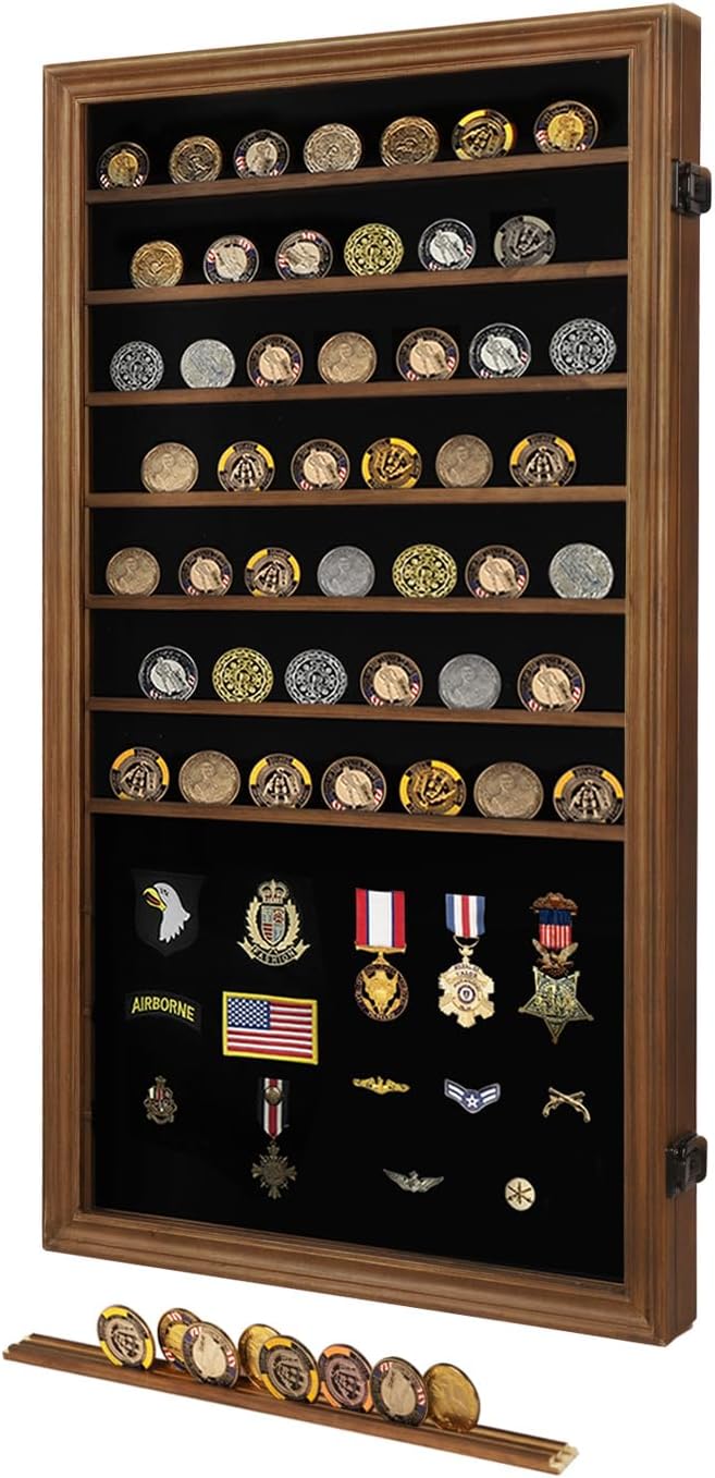Oversized Military Challenge Coin Display case for Badges & Ribbons Walnut