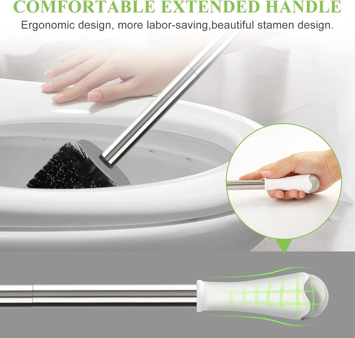 Toilet Brush and Holder Set, 3 Pack with Stainless Steel Handle Toilet Bowl Brush, Compact Toilet Scrubber Brush for Deep Cleaning Bathroom Restroom, Easy to Assemble White & Gray