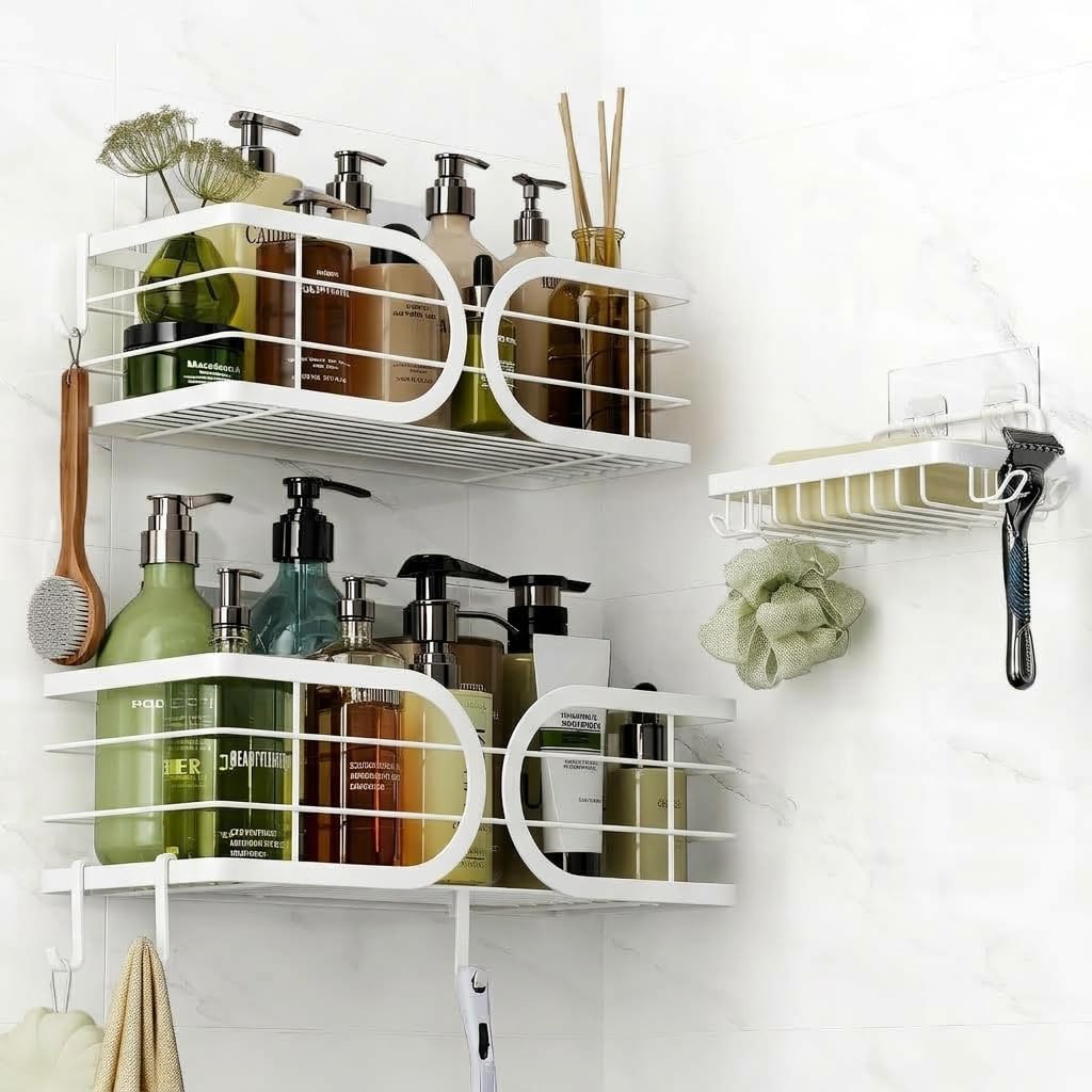 Shower Caddy 3 Pack with Soap Holder No Drill Wall Mounted 304 Stainless Steel Durable Large Capacity Adhesive Shower Rack Organiser Quick Dry Rustproof Bathroom Storage Shelves(White)