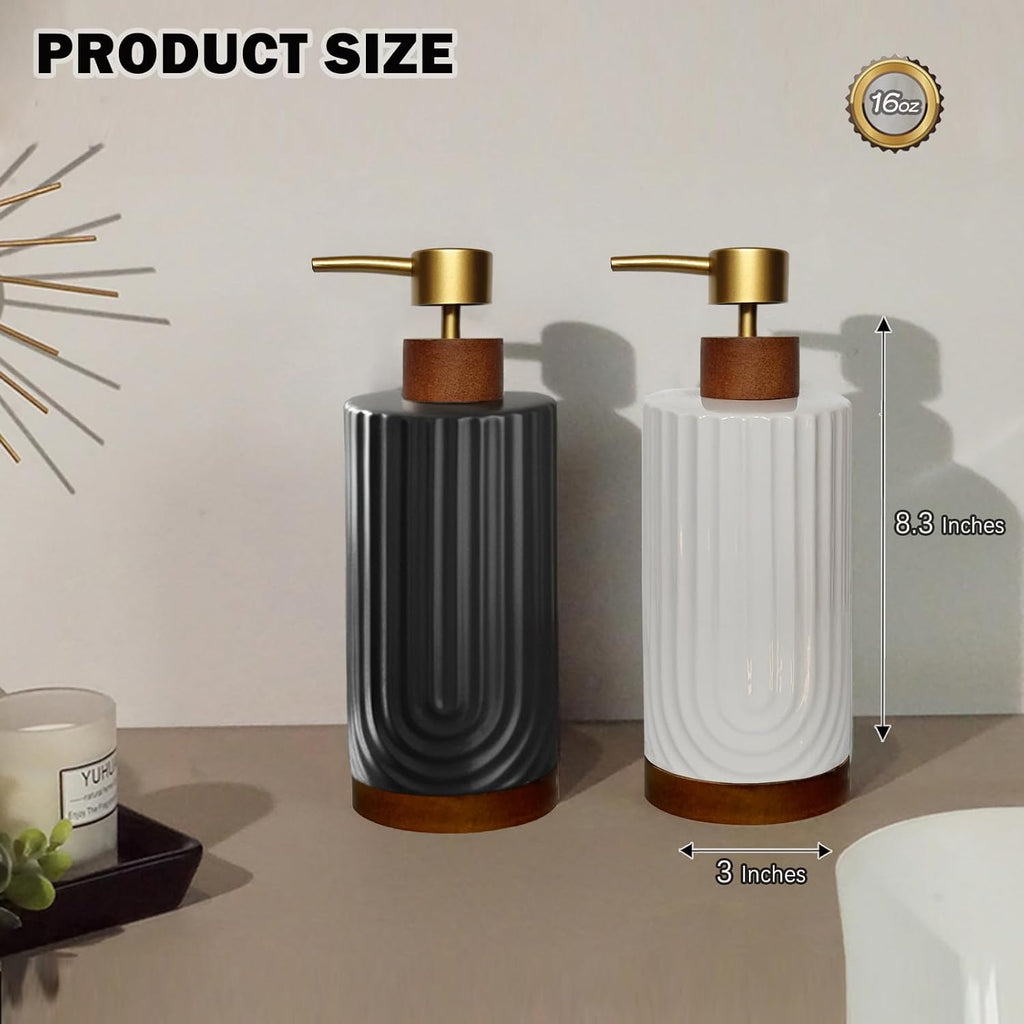 White Soap Dispenser,Ceramic with Wood Hand Soap Dispenser, 16oz Refillable Liquid Bottle, for Modern Home Decor, Bathroom, Kitchen Countertop, Hotel (White)