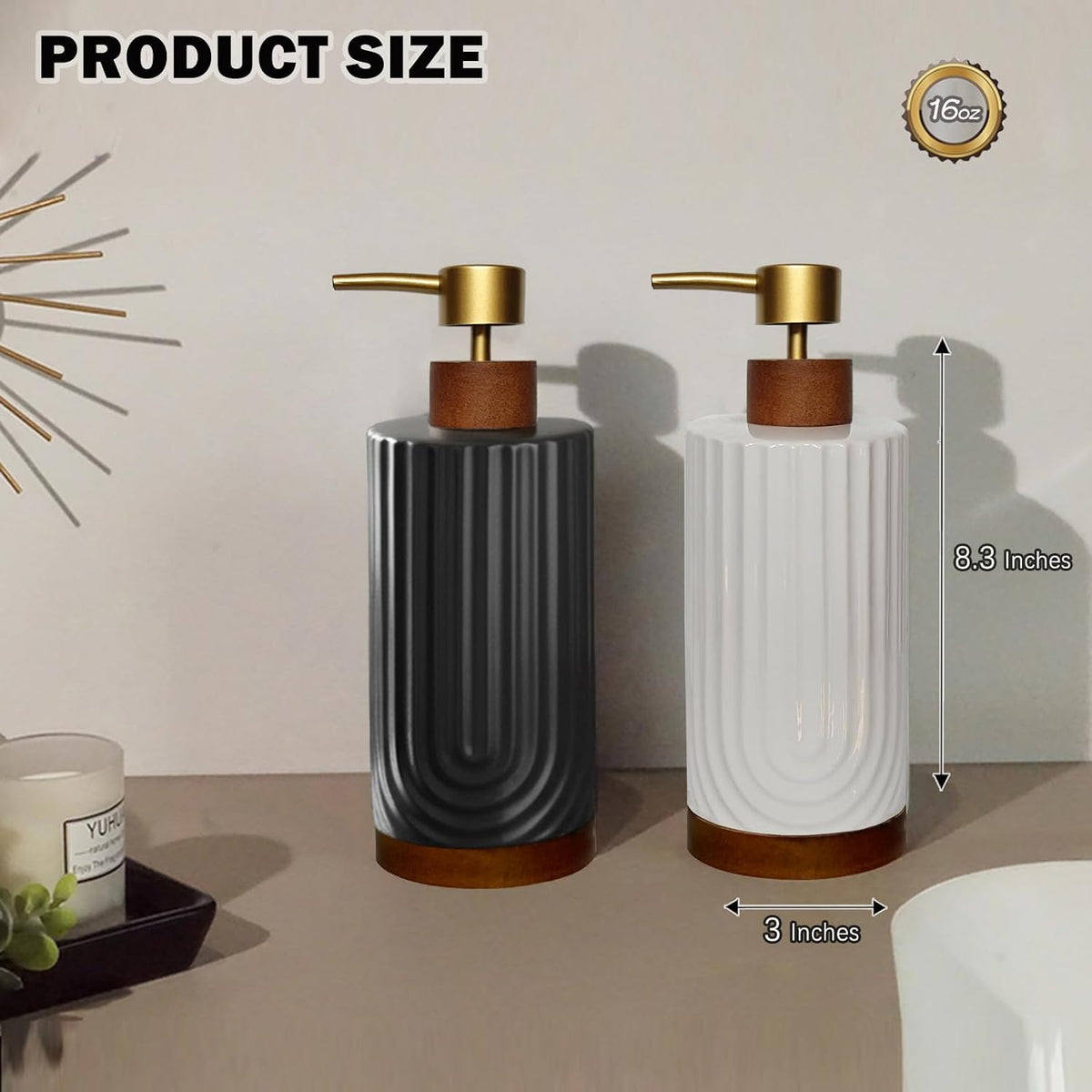 White Soap Dispenser,Ceramic with Wood Hand Soap Dispenser, 16oz Refillable Liquid Bottle, for Modern Home Decor, Bathroom, Kitchen Countertop, Hotel (White)