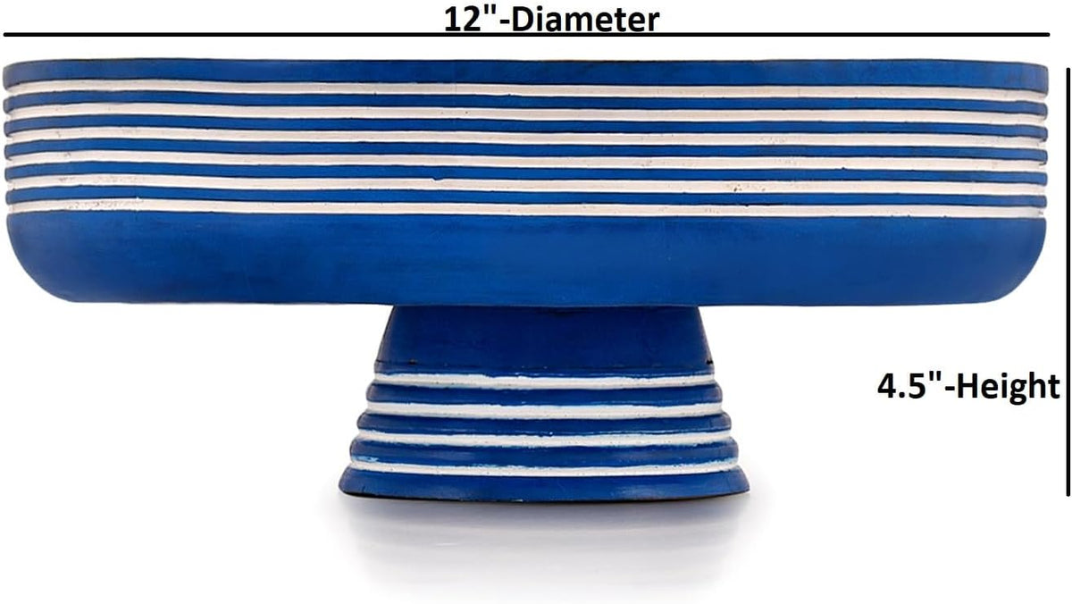Samhita Mango Wood Fruit Bowl Rustic Blue Finish - Decorative Serving Bowl, Bluewash Burning Wood Centerpiece for Kitchen Counter & Dining Table (12" x 12" x 4.5")