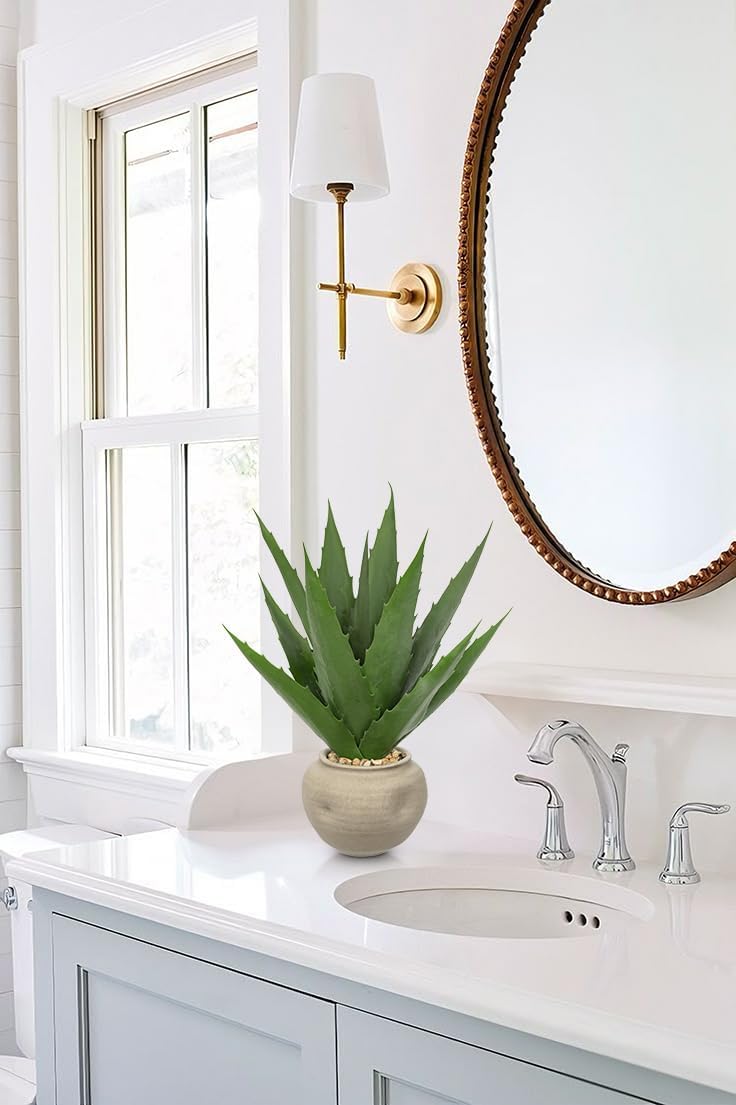 Hollyone Large Artificial Agave Plants 16“ Fake Succulents Potted Faux Aloe Vera Plant in Ceramic Pot Succulent Agave Plants for Desk Modern Office Living Room Table Shelf Home Indoor Outdoor Decor