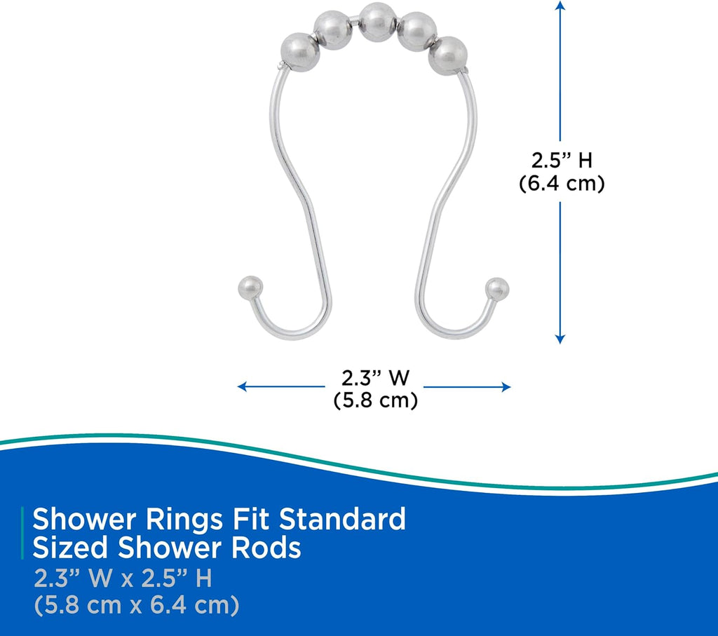 Kenney KN67123 Rust-Resistant Gliding Metal Beaded Shower Curtain Rings with Double Hanging Hooks for Shower Curtain and Standard Shower Curtain Rod, Bathroom Use, Easy to Install, 12-Pack, Chrome
