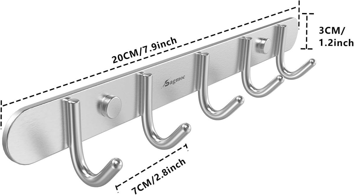 Coat Hook Rail Brushed Nickel 13-inch 5 Hooks Hanger Wall Mounted for Clothes/Key/Towel /304 Stainless Steel/Super Easy Installation/Rust and Water Proof/Perfect Home Storage