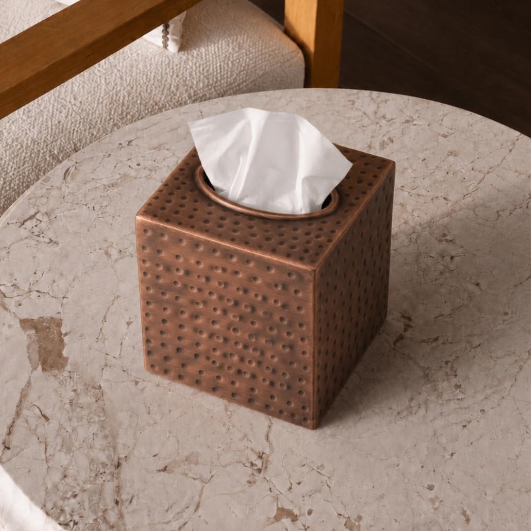 Monarch Abode Tissue Box Cover Square – Hand Hammered Antique Copper Metal Tissue Holder Box for Bathroom Accessory, Aesthetic Decorative Facial Napkin Cube for Modern Home Decor