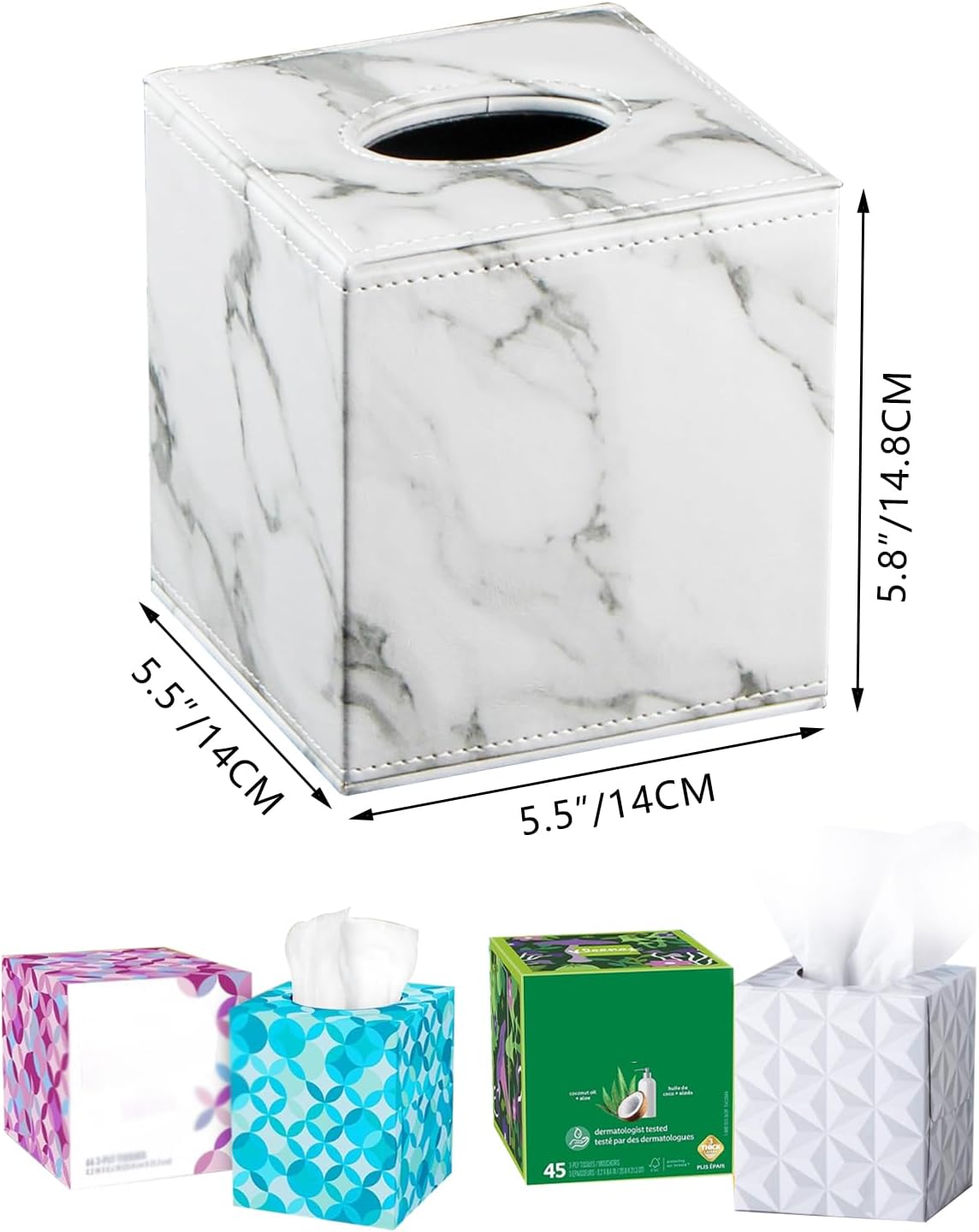 PU Leather Tissue Box Cover Square, Marble Facial Tissue Cube Box Holder