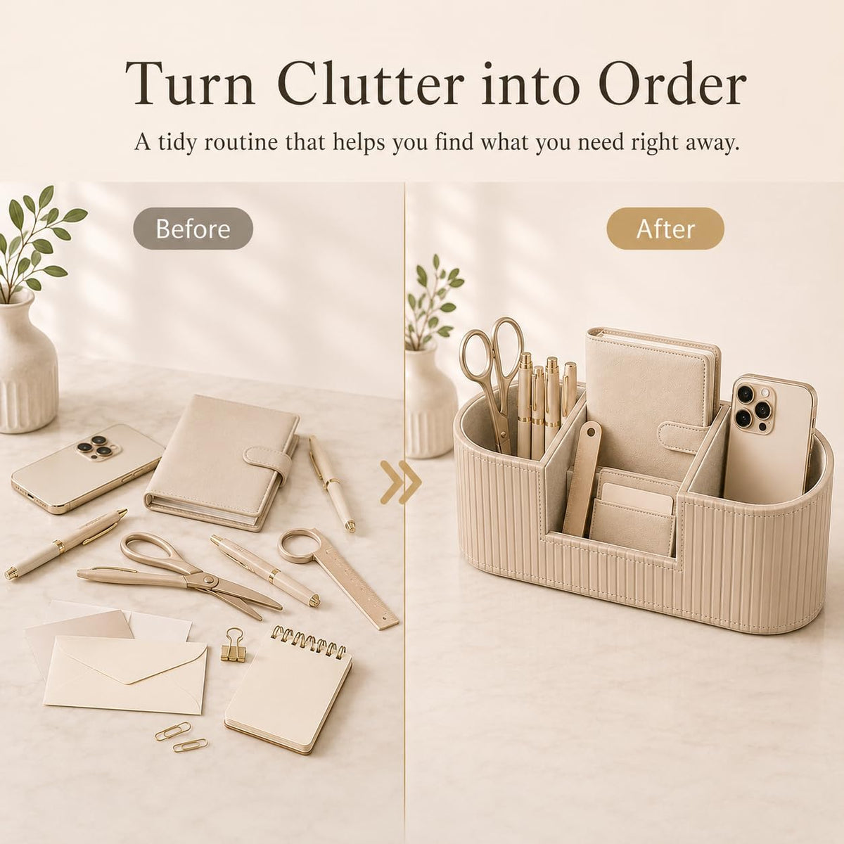 KINGFOM Aesthetic Desk Organizer for Women, Luxury Faux Leather Desk Accessories with 4 Compartments, Minimalist Vanity Organizer for Makeup Brushes, Beige Office Decor for Home, Bedroom & Workspace