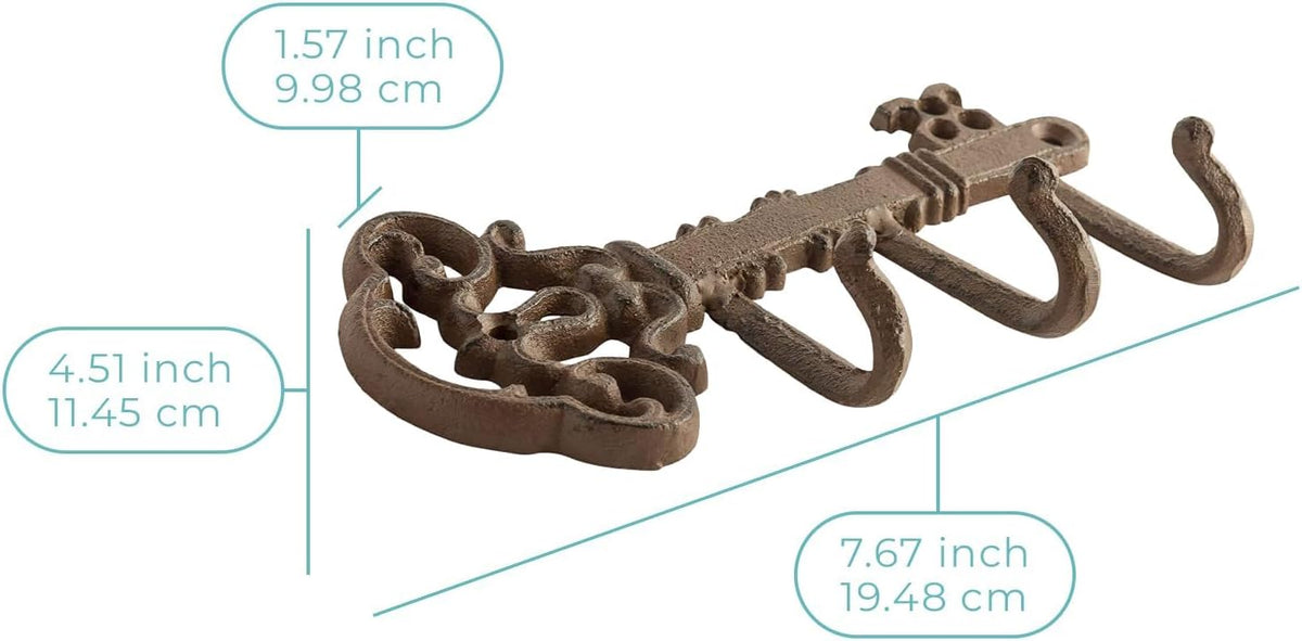 Comfify Rust Brown Cast Iron Skeleton Key Wall Hook – 3 Hooks, 7.67" L
