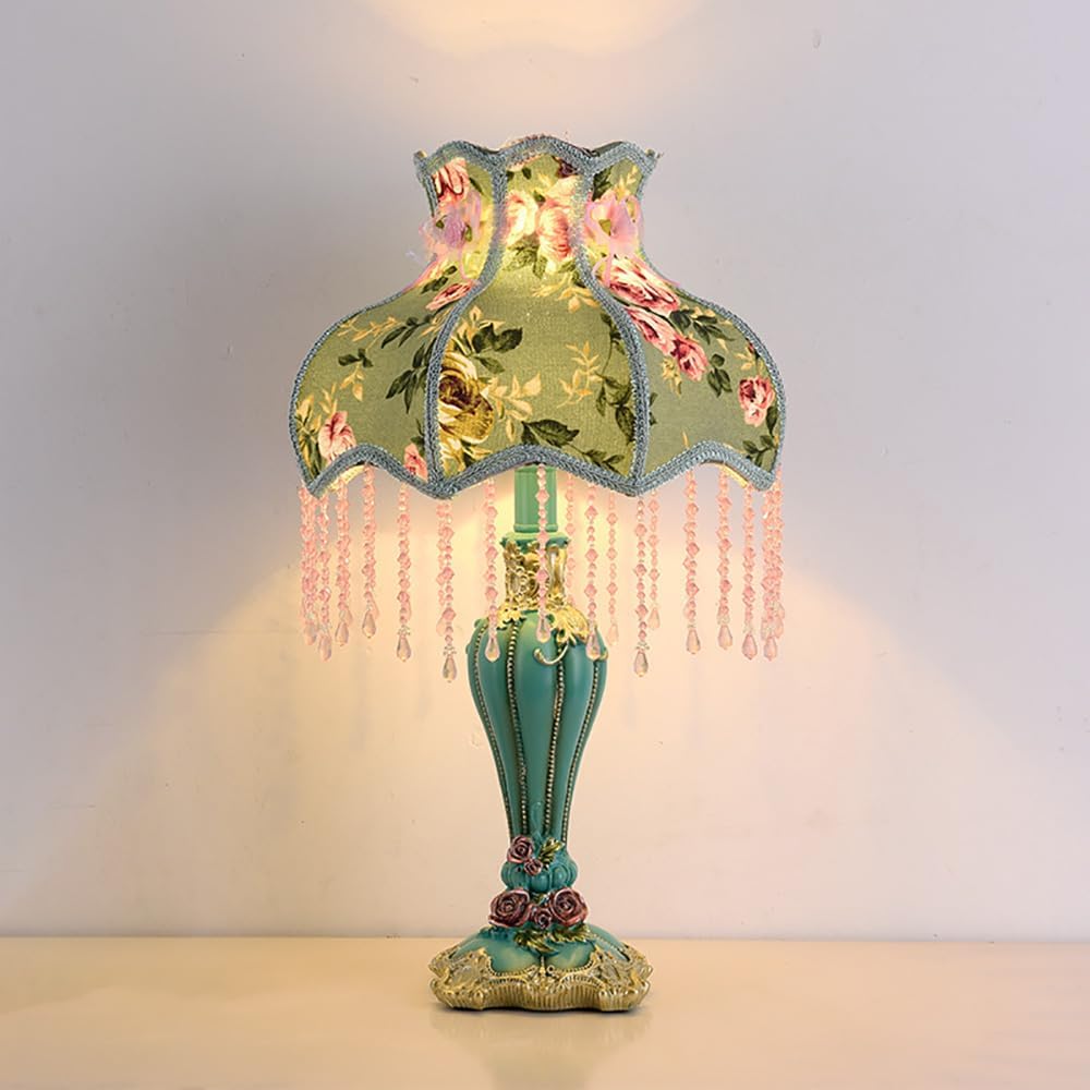 Lovely Table Lamp with Fabric Lampshade, Antique Flower Decorative Bedside Desk Lamp, Handmade Night Light for Bedroom Nightstand (Green)