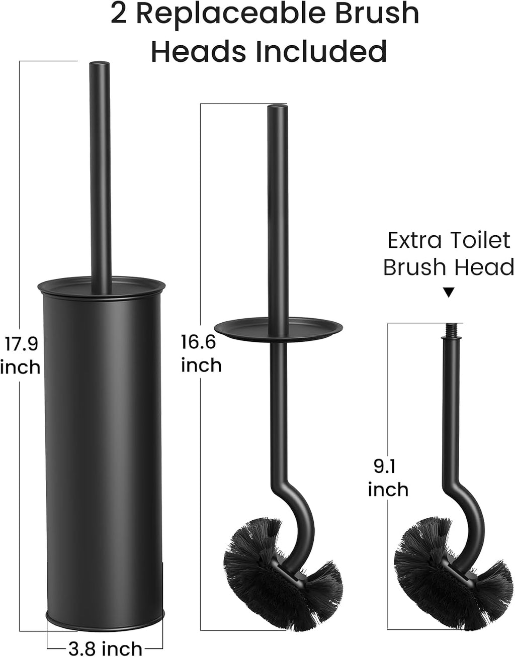 Cesun 304 Stainless Steel Toilet Brush and Holder Set, 2 Brush Heads, Black