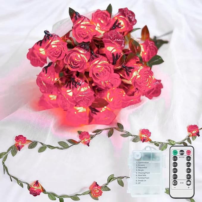 suddus 12.5FT Pink Rose Flower String Lights Battery Powered with Remote