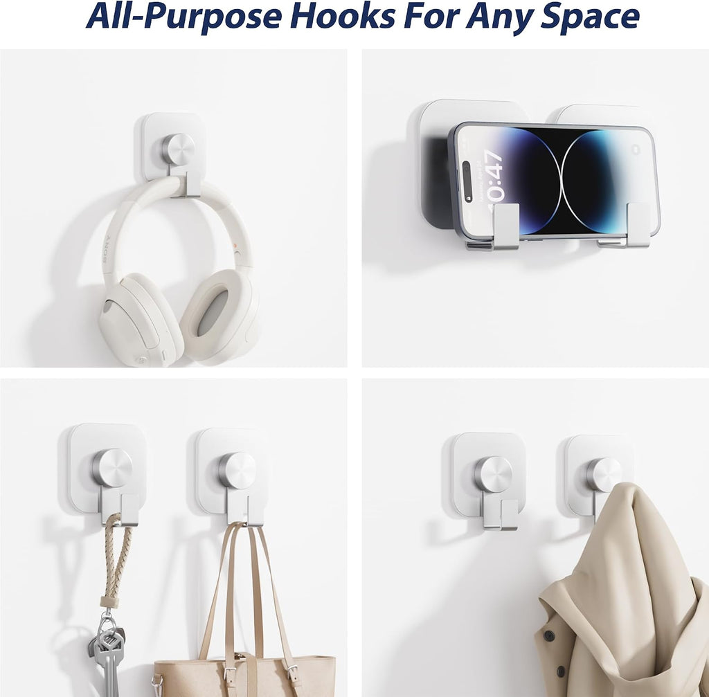 Aikzik 4 Pack Large Heavy Duty Wall Hooks - 26lb Max, Stainless Steel Adhesive Towel Hooks for Hanging Coat, Towel, Robe, Keys, Sticky Shower Hook for Door, Home, Bathroom, Kitchen, Office- Silver