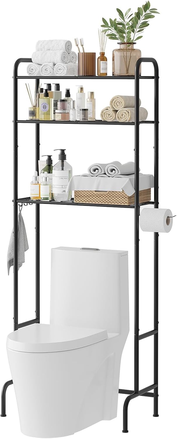 STDDRE 3-Tier Over The Toilet Storage Space Saver with Paper Holder Freestanding Rack Metal Bathroom Shelves with Hooks Above The Toilet Storage Shelf (Black, 3 Tier)