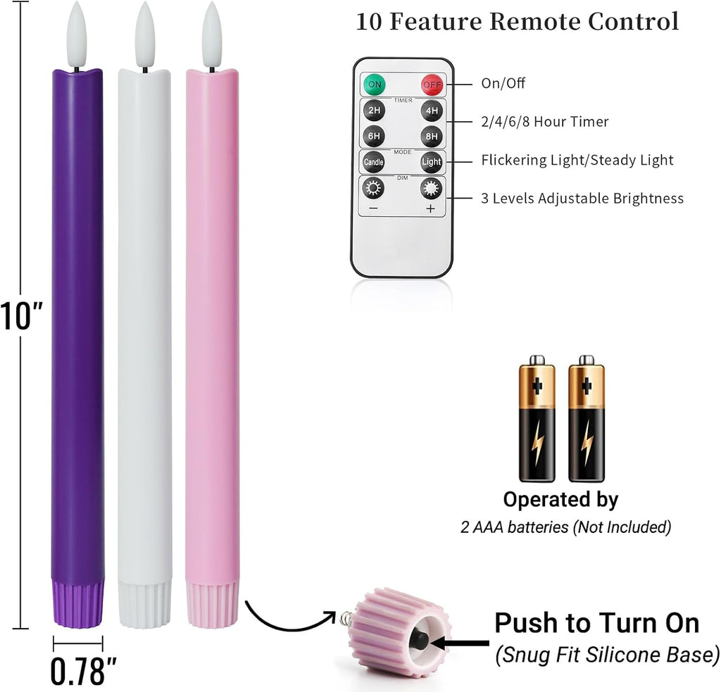 Stmarry Flameless Advent Candles, Set of 5 - Flickering LED Flame, 10 Inch Taper Candlesticks, Remote Controlled - 3 Purple, 1 Pink, 1 White for Christmas Wreath