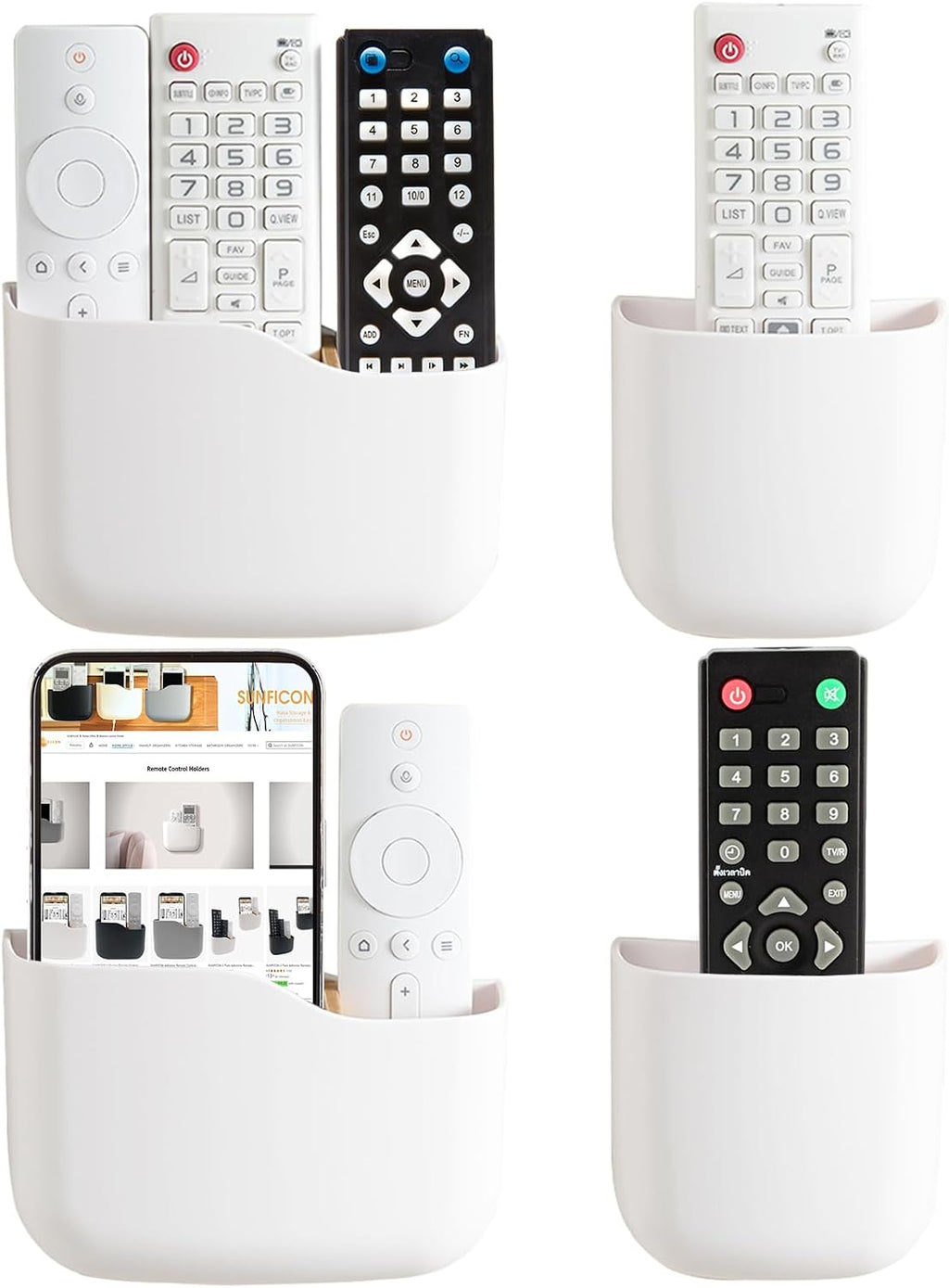 Remote Holder Wall Mount TV FAN Remote Control Holder Bedside Caddy Wall Organizer Phone Holder for Office Adhesive Media Player Controller Holder Box Tray Home Desk Nightstand 2 BIG 2 SMALL WHITE